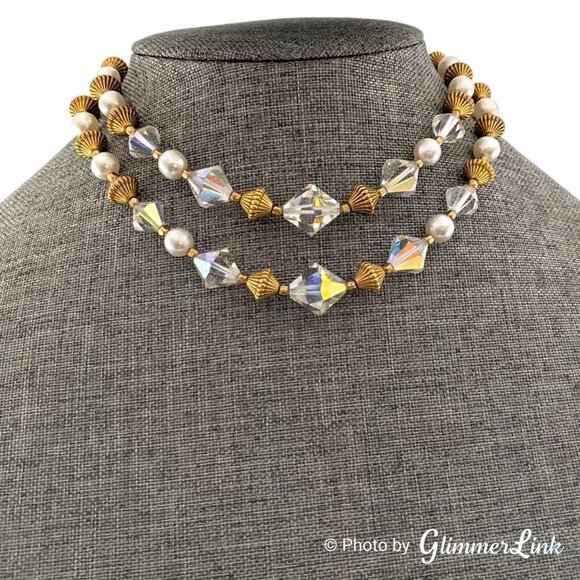 VTG Double Strand AB Aurora Borealis Bicone Bead Faux Pearl Gold Tone Necklace - Picture 4 of 10